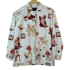 Nick & Nora Sock Monkey Pajama Top Blue Medium Long Sleeve Flannel Cars TV Grill